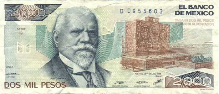 (,) Банкнота Мексика 1983 год 2 000 песо &quot;Хусто Сьерра&quot;   UNC
